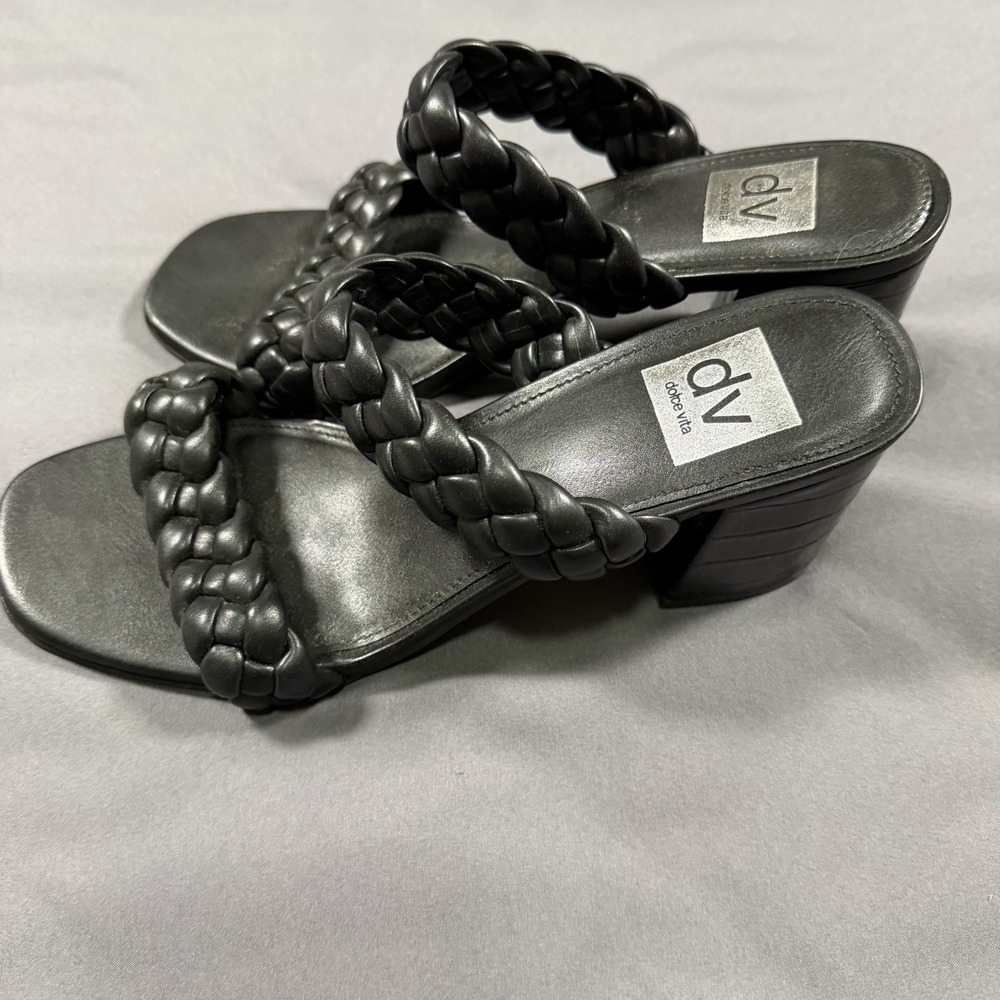 Dolce Vita Womens Leather Braided Slide‎ On Sandal Heels Black Size 8.5